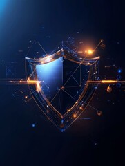 A stylized digital shield, crafted from glowing lines and points of light, symbolizes security, data protection, and digital safety in a modern technological landscape.