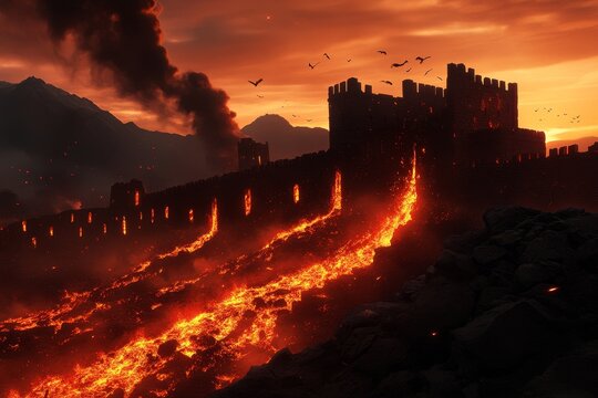 A towering fortress stands against a fiery backdrop, its silhouette stark against the blazing lava flow. The smoke-filled sky suggests a battle, perhaps a struggle between good and evil, or the relent