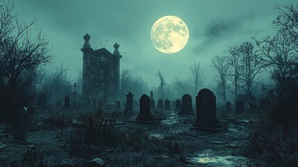 A spooky graveyard at midnight, with ghosts rising from the ground and a full moon in the sky.