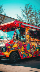 Obraz premium A vibrant retro food truck with bold graphics parked under clear skies