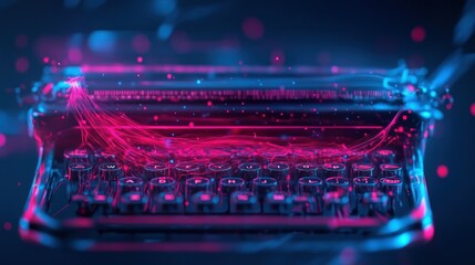 A futuristic typewriter with glowing neon elements, symbolizing creativity and technology.