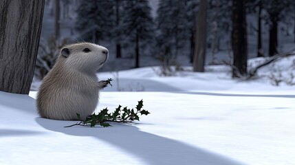 A whimsical capybara, adorned with a red scarf, sits joyfully in a snowy forest, surrounded by holly and mistletoe, capturing a festive winter atmosphere