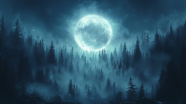 A werewolf transforming under the full moon, surrounded by a misty forest.