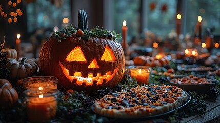 A spooky Halloween feast with creepy food, ghostly decorations, and a glowing jack-o'-lantern centerpiece.