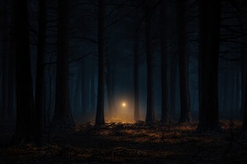 Fototapeta premium A dark forest at night, with trees casting eerie shadows and fog rolling in from the horizon A faint light is seen between two tree trunks on one side of the frame Generative AI
