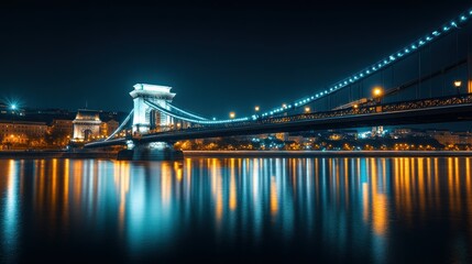 Night view of a bridge illuminated with lights reflecting on the water.