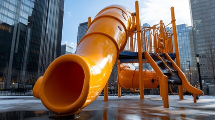 A vibrant yellow slide stands out against a backdrop of sleek, modern skyscrapers, showcasing the contrast between playful childhood and the urban environment. The slide symbolizes adventure, fun, and