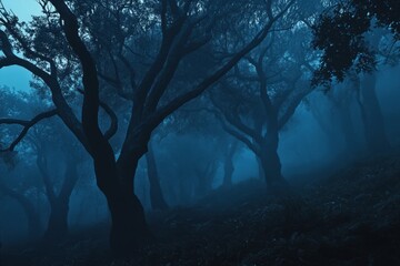 night time forest with trees in the fog, dark blue color scheme, scary, horror, scary trees Generative AI