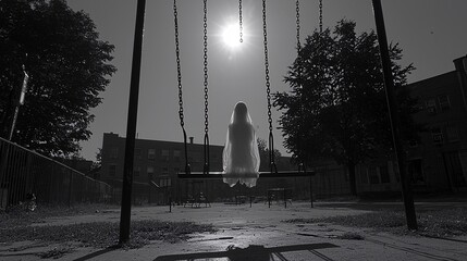 A ghostly figure floating above a deserted playground, with swings eerily moving on their own.