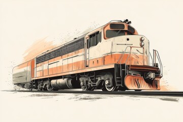 Vintage Orange and White Passenger Train Traveling Along Railway Tracks in a Scenic Landscape