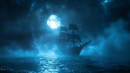 A ghost ship sailing through foggy waters under a stormy Halloween night sky.
