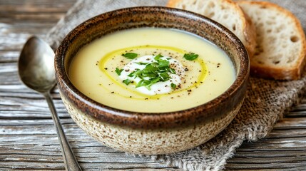   A close-up of a bowl of soup on a table with a spoon and a slice of bread in the background