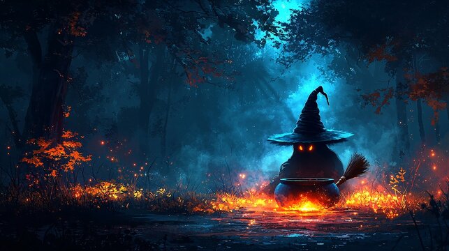 A witch's hat and broomstick sitting by a bubbling cauldron in a dark, enchanted forest.