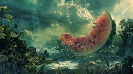 Surreal Watermelon Landscape with Powerful Natural Forces in Dramatic Sci Fi Atmosphere