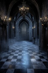 Obraz premium Mysterious Dimly Lit Corridor in an Ancient Castle With Checkerboard Floor and Gothic Architecture