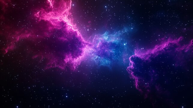 An abstract portrayal of space with a swirling nebula in hues of pink and blue, evoking concepts of cosmic energy, celestial beauty, the vastness of the universe, and the mysteries of the cosmos.