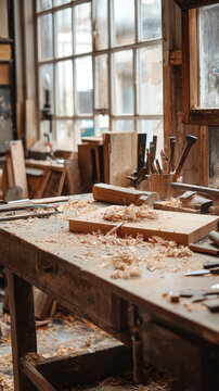 Sawdust covered workbench with tools and wood shavings, creating cozy atmosphere