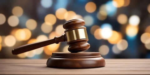 Wooden Judge Gavel on Sounding Block with Bokeh Background - Symbol of Law, Justice, and Authority