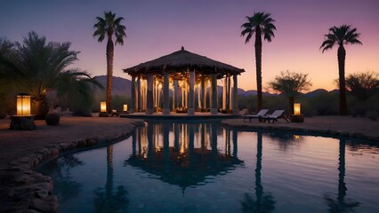 Obraz premium A peaceful oasis in the desert landscape with a pool reflecting the starry night sky. Palm trees line in the pool, and lanterns cast a warm glow on the surrounding area