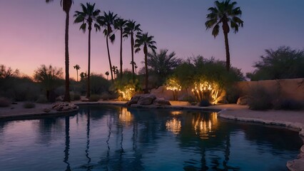 A peaceful oasis in the desert landscape with a pool reflecting the starry night sky. Palm trees line in the pool, and lanterns cast a warm glow on the surrounding area
