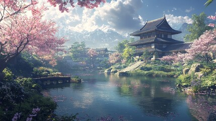 Fototapeta premium Tranquil Japanese Garden with Cherry Blossoms and Pagoda