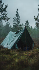 A simple emergency shelter made from tarps and poles in forest