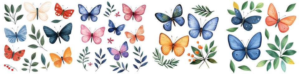 Fototapeta premium Colorful butterflies with vibrant wings surrounded by lush foliage, perfect for nature-themed designs and creative projects.