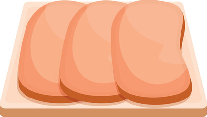 Three slices of ham overlapping each other on a wooden cutting board