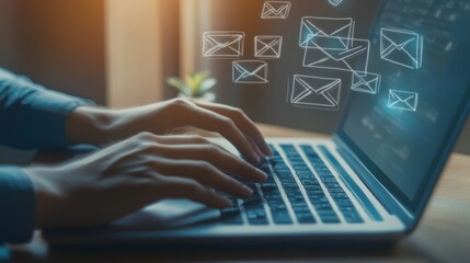 Hands Typing on Laptop with Email Icons