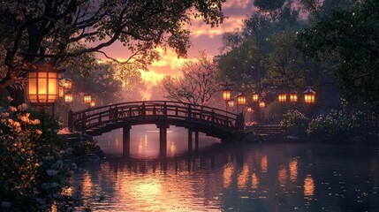 Japanese Garden Bridge with Lanterns at Sunset