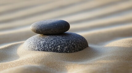 A serene arrangement of stones on soft sand, evoking tranquility and balance.