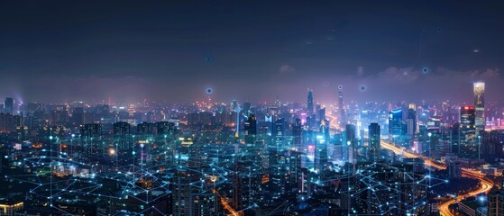 Fototapeta premium Modern cityscape with wireless network integration, highlighting urban connectivity against