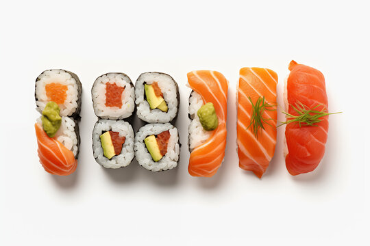 Sushi top view on white background. Sushi themes. Top view. Asian cuisine themes. Asian restaurant. Sushi making. PNG cut out. Image for graphic designer. Image for flyers.