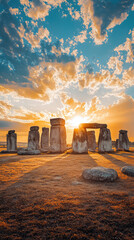Stunning Stonehenge at sunrise with dramatic lighting and vibrant clouds