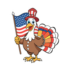 Cartoon Turkey Holding the American Flag Clipart isolated vector illustration