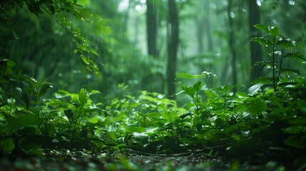 Rain-drenched forest floor with vibrant plant life, wet leaves, and fresh greenery in a peaceful woodland setting.
