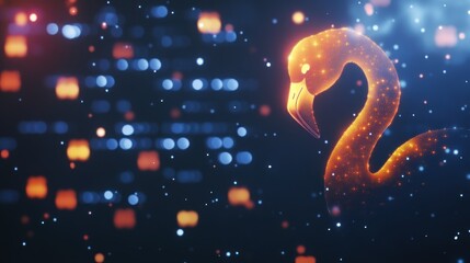 A glowing, artistic representation of a flamingo amidst a background of colorful lights.