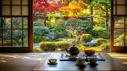Japanese Tea Ceremony with Autumn Garden View