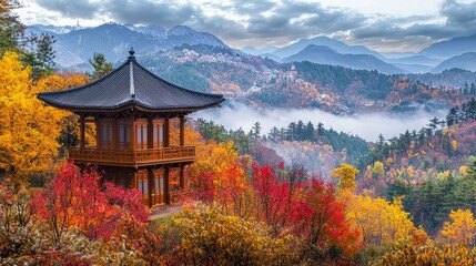 Fototapeta premium Traditional Chinese Pavilion in Autumn Mountains with Fog