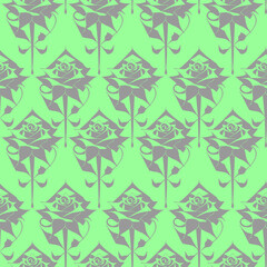 seamless graphic floral pattern of gray roses on a green background, texture, design