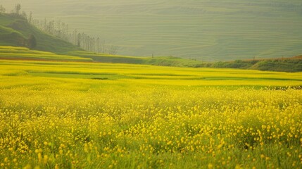 Vibrant Canola Flower Fields in Scenic Yunnan Countryside Landscape