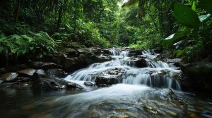 A serene forest scene featuring a flowing stream surrounded by lush greenery.