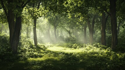 Obraz premium Sunbeams Illuminating a Lush Forest Path