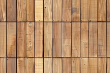 Fototapeta premium Wooden siding panel wall made of various planks, showcasing different shades and textures of wood. The planks are arranged in a horizontal pattern with visible nails and natural imperfections.