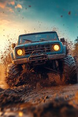 Fototapeta premium A Powerful Blue Truck Splashes Through Muddy Terrain During Sunset in an Off-Road Adventure