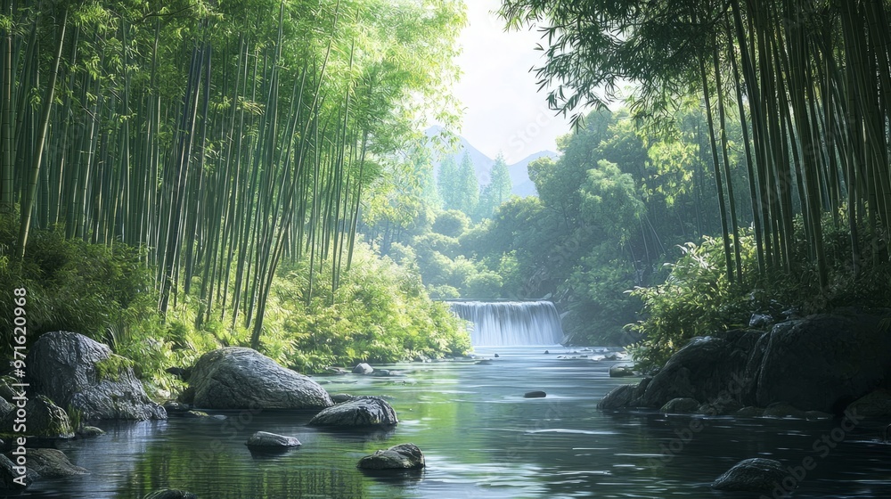 Poster Tranquil Waterfall in Bamboo Forest