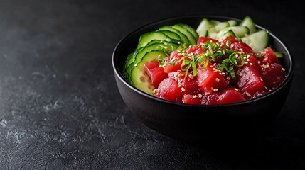 Minimal poke bowl with vibrant red tuna and cucumber slices, set against a matte charcoal black background, focusing on textures