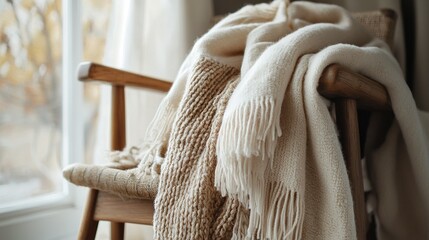   A white blanket sits atop a wooden chair beside another wooden chair covered in the same white blanket