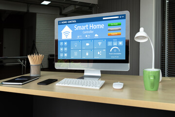 Fototapeta premium Smart home technology, centric remote control system with digital dashboard for air conditioning, safety security network or house automation. App software, ui panel programming IOT monitor snugly