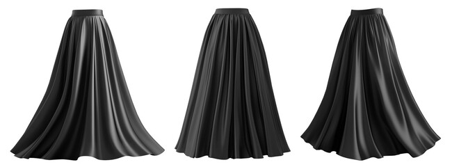 Set of black maxi long pleated flowy flare skirt, front back side twirl view on transparent background cutout, PNG file. Many different angle. Mockup template for artwork graphic design